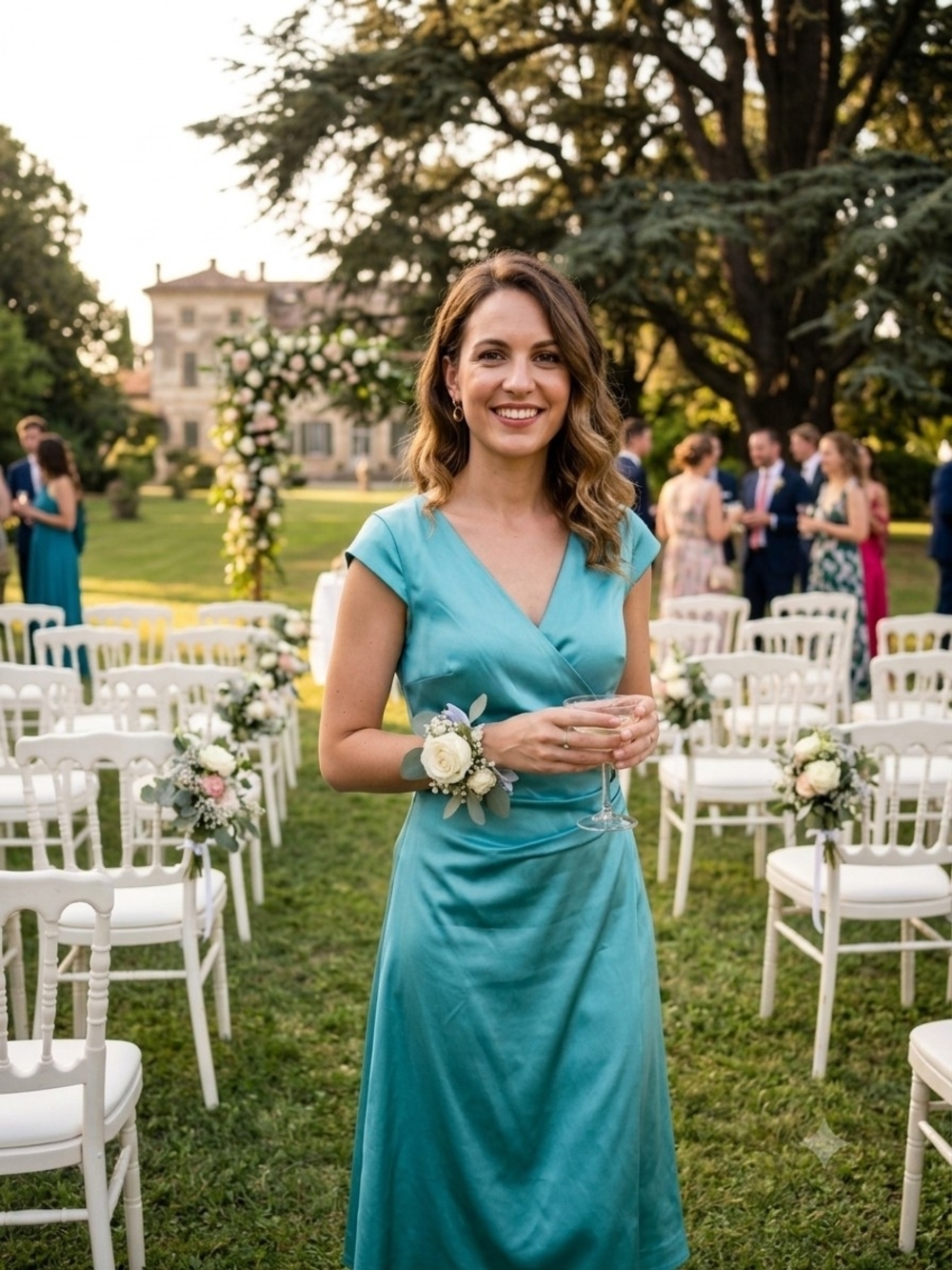 Cap-Sleeve Teal Midi Dress with Wrap V-Neck